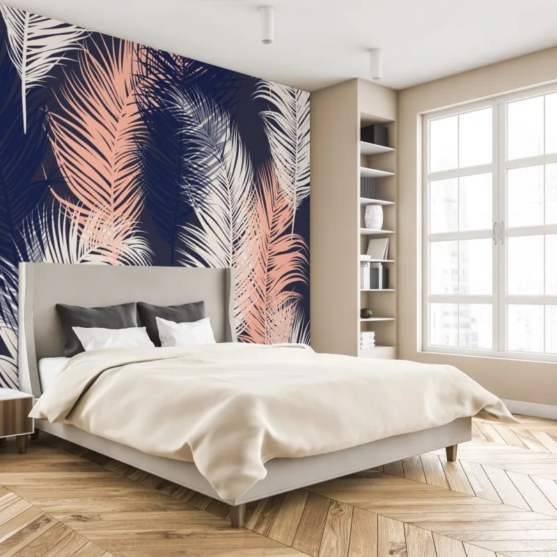 Fototapeta wzór z piórami w granacie i różu