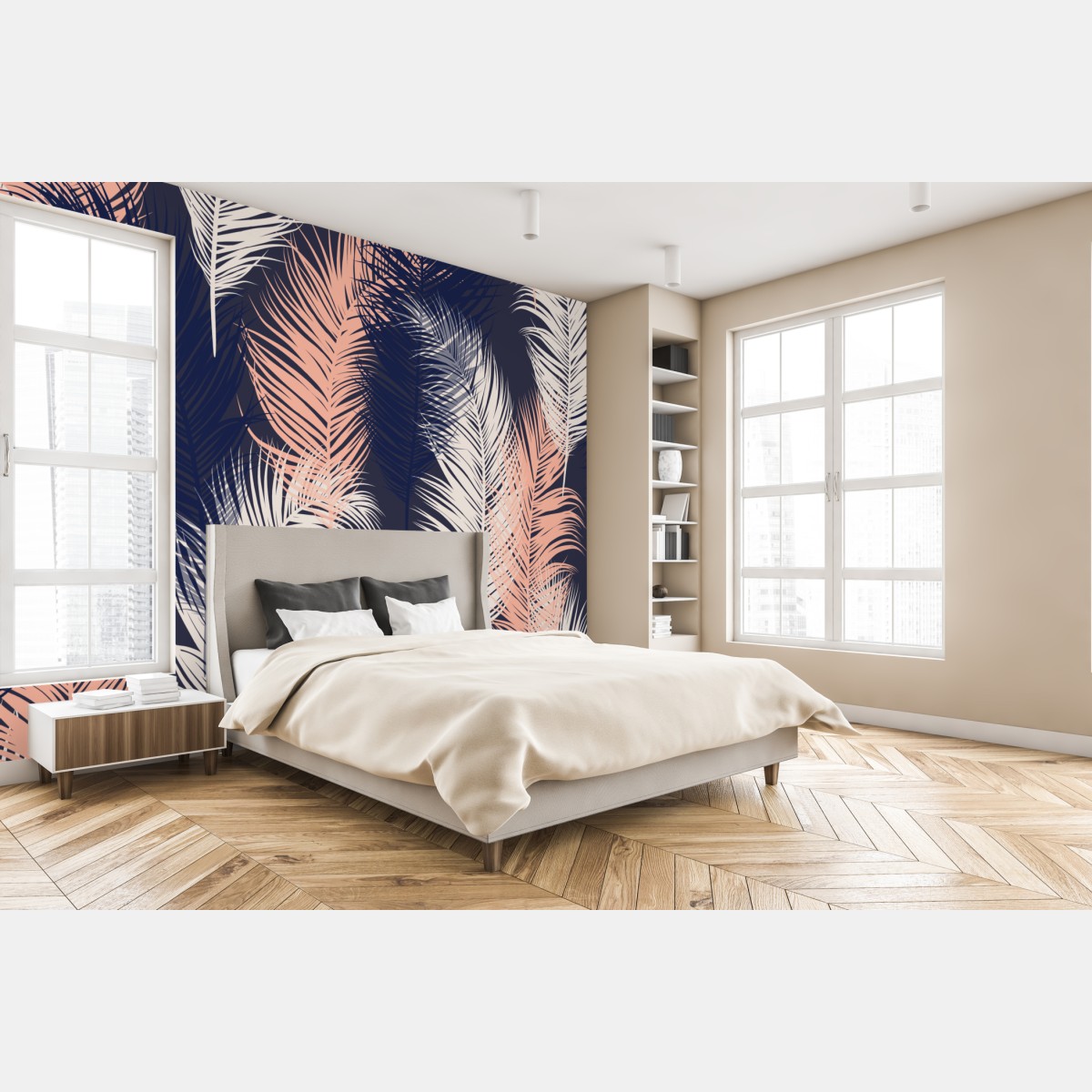 Wall mural navy and blush feather pattern