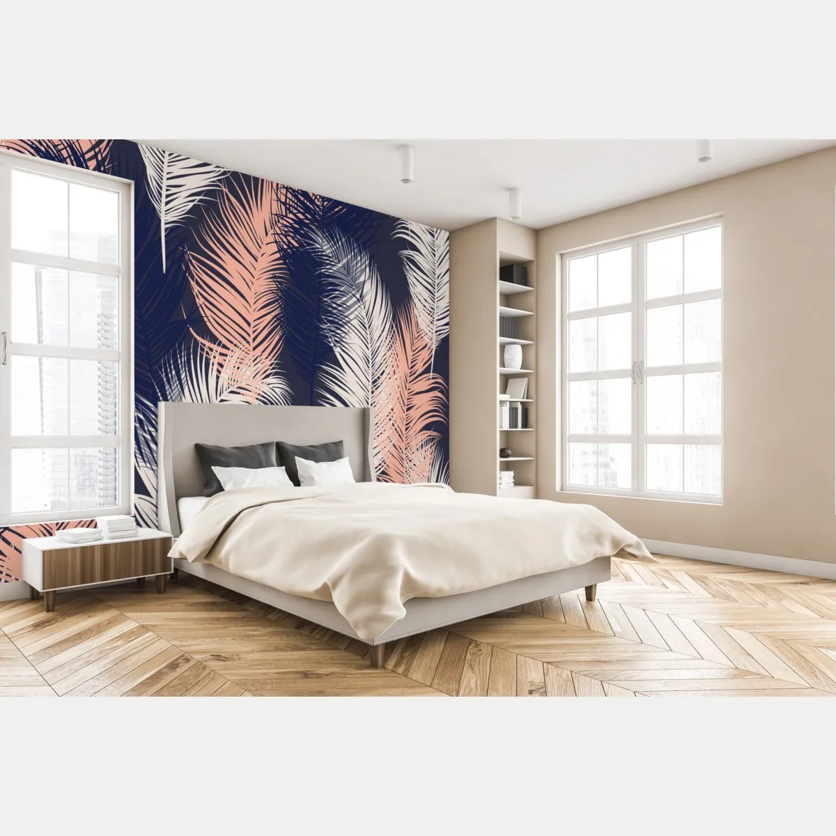 Fototapeta wzór z piórami w granacie i różu – Wallissimo® Fototapeta wzór z piórami w granacie i różu – Wallissimo®