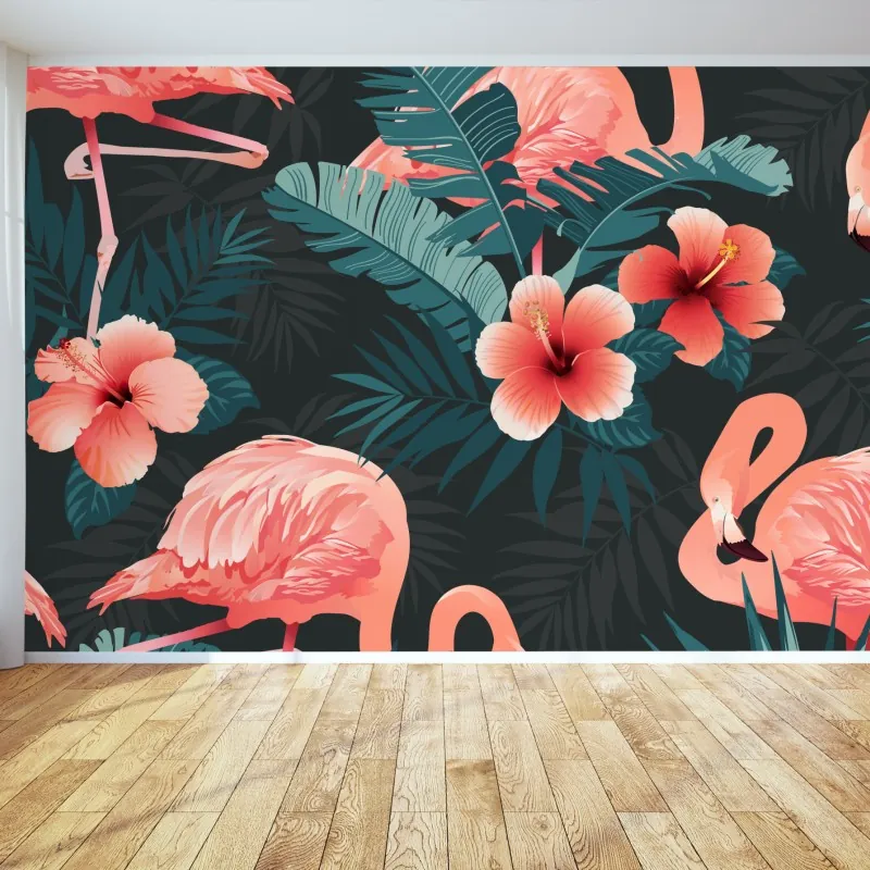 Fototapeta tropikalny wzór z różowymi flamingami