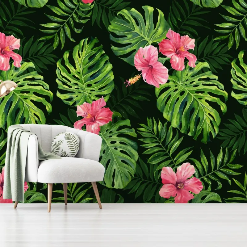 Fototapeta tropikalny wzór z monsterą i hibiskusem