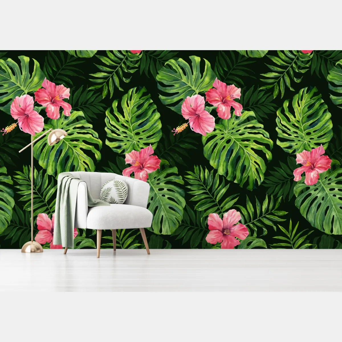 Fototapeta tropikalny wzór z monsterą i hibiskusem – Wallissimo® Fototapeta tropikalny wzór z monsterą i hibiskusem – Wallissimo®