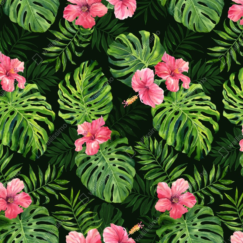 Fototapeta tropikalny wzór z monsterą i hibiskusem – Wallissimo® Fototapeta tropikalny wzór z monsterą i hibiskusem – Wallissimo®