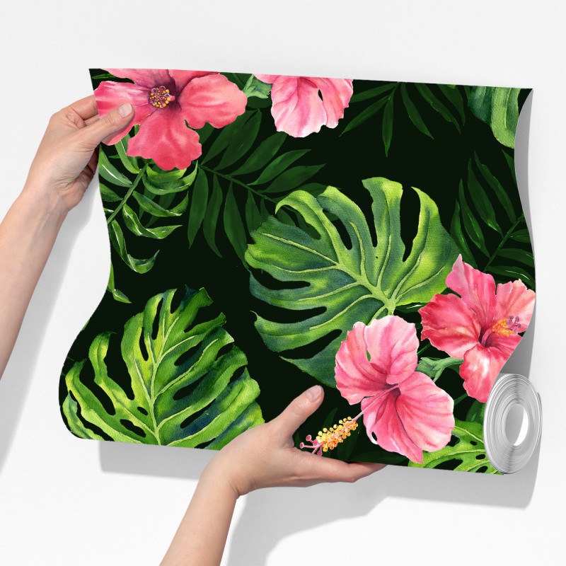 Fototapeta tropikalny wzór z monsterą i hibiskusem – Wallissimo® Fototapeta tropikalny wzór z monsterą i hibiskusem – Wallissimo®