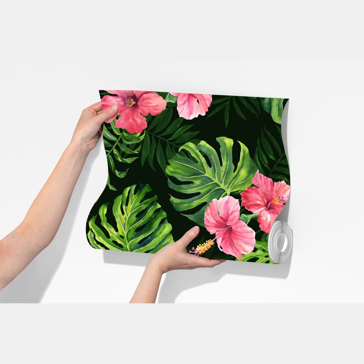 Fototapeta tropikalny wzór z monsterą i hibiskusem – Wallissimo® Fototapeta tropikalny wzór z monsterą i hibiskusem – Wallissimo®