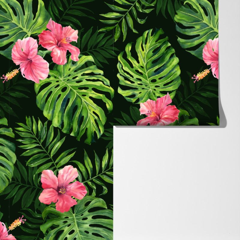 Fototapeta tropikalny wzór z monsterą i hibiskusem – Wallissimo® Fototapeta tropikalny wzór z monsterą i hibiskusem – Wallissimo®