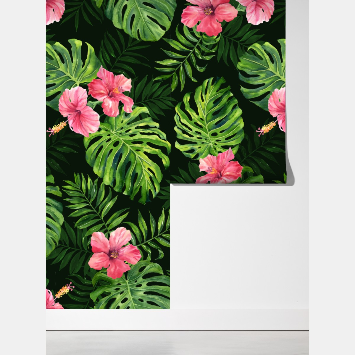 Fototapeta tropikalny wzór z monsterą i hibiskusem – Wallissimo® Fototapeta tropikalny wzór z monsterą i hibiskusem – Wallissimo®