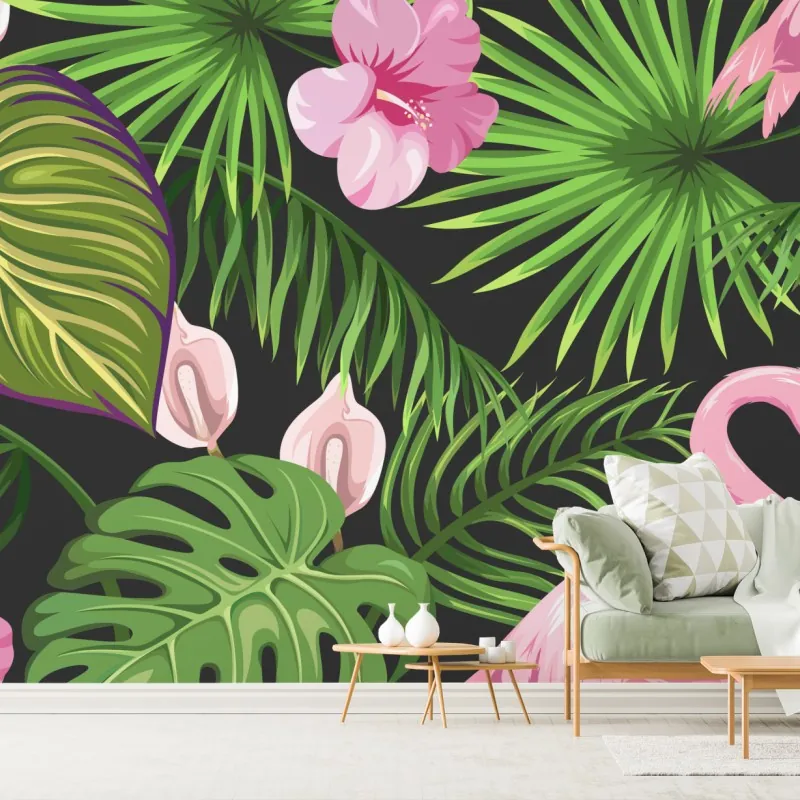 Fototapeta różowy wzór z flamingami i tropikalnymi liśćmi – Wallissimo® Fototapeta różowy wzór z flamingami i tropikalnymi liśćmi – Wallissimo®
