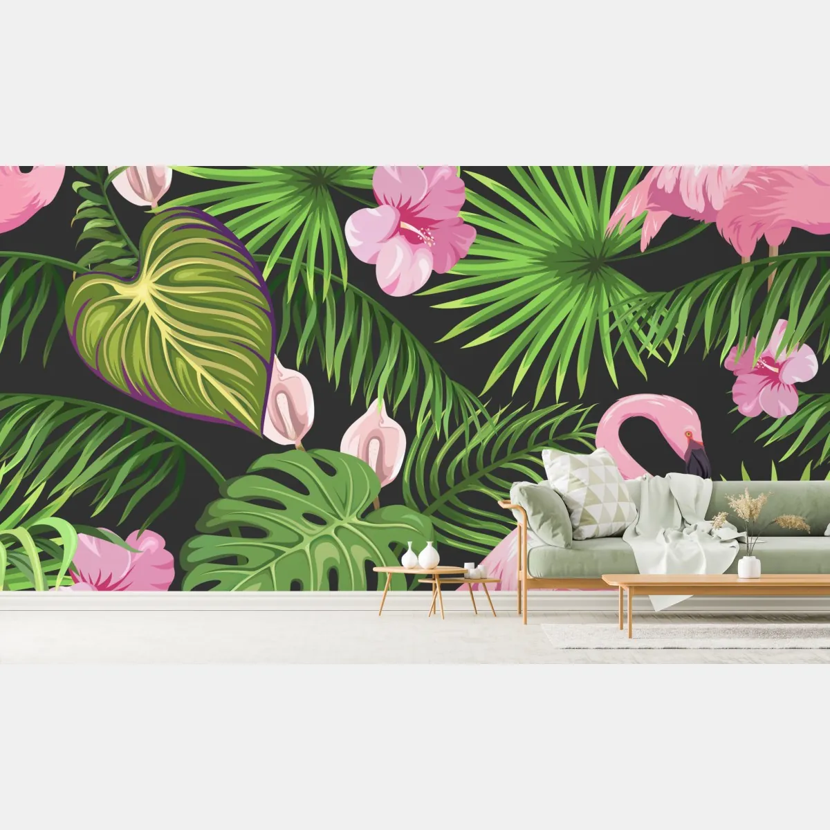 Fototapeta różowy wzór z flamingami i tropikalnymi liśćmi – Wallissimo® Fototapeta różowy wzór z flamingami i tropikalnymi liśćmi – Wallissimo®