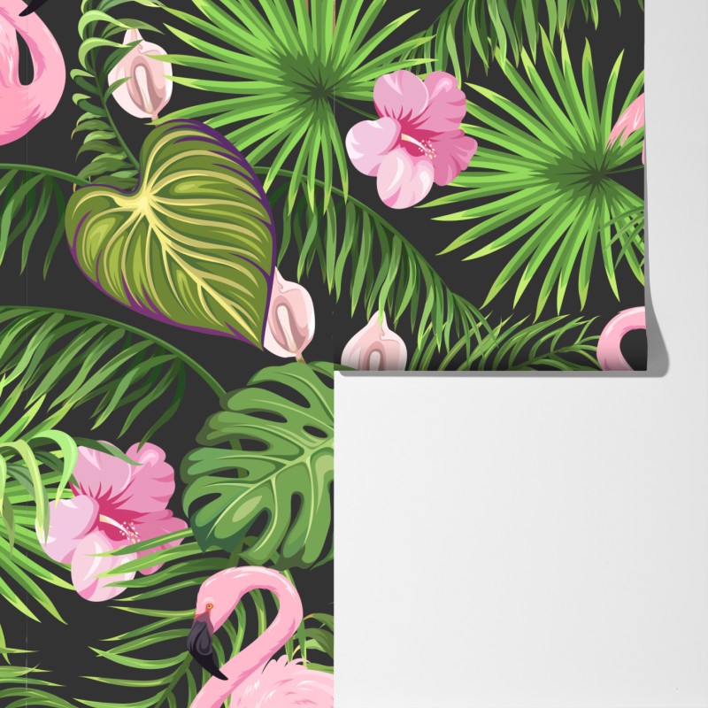 Fototapeta różowy wzór z flamingami i tropikalnymi liśćmi – Wallissimo® Fototapeta różowy wzór z flamingami i tropikalnymi liśćmi – Wallissimo®