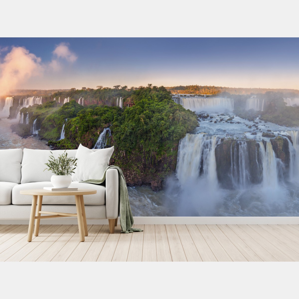 Wall mural misty waterfall panorama in lush forest