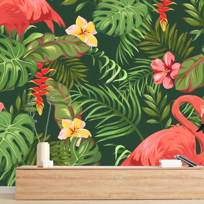 Fototapeta tropikalne flamingi w bujnej roślinności