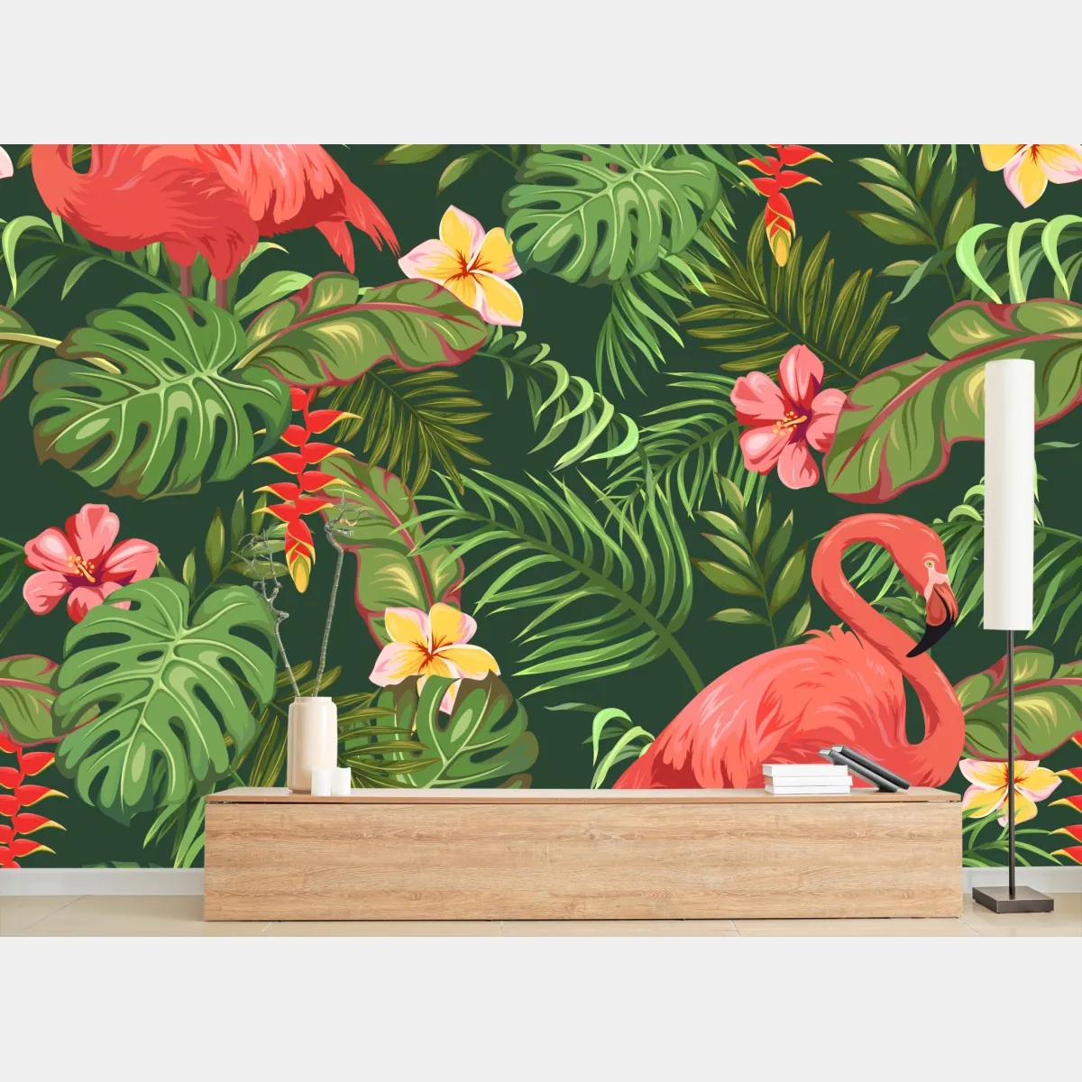 Fototapeta tropikalne flamingi w bujnej roślinności – Wallissimo® Fototapeta tropikalne flamingi w bujnej roślinności – Wallissimo®