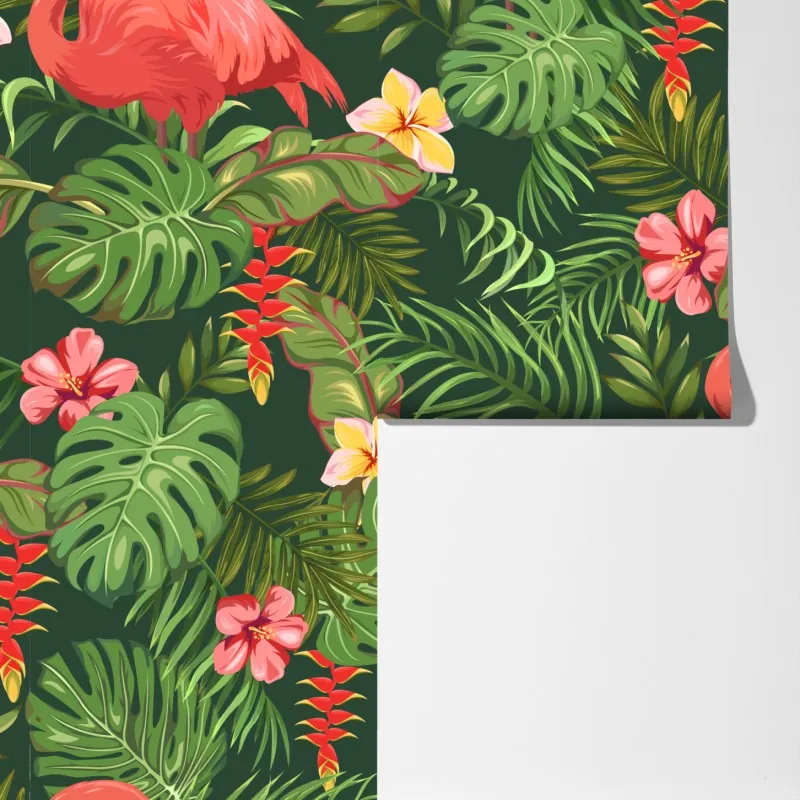 Fototapeta tropikalne flamingi w bujnej roślinności – Wallissimo® Fototapeta tropikalne flamingi w bujnej roślinności – Wallissimo®