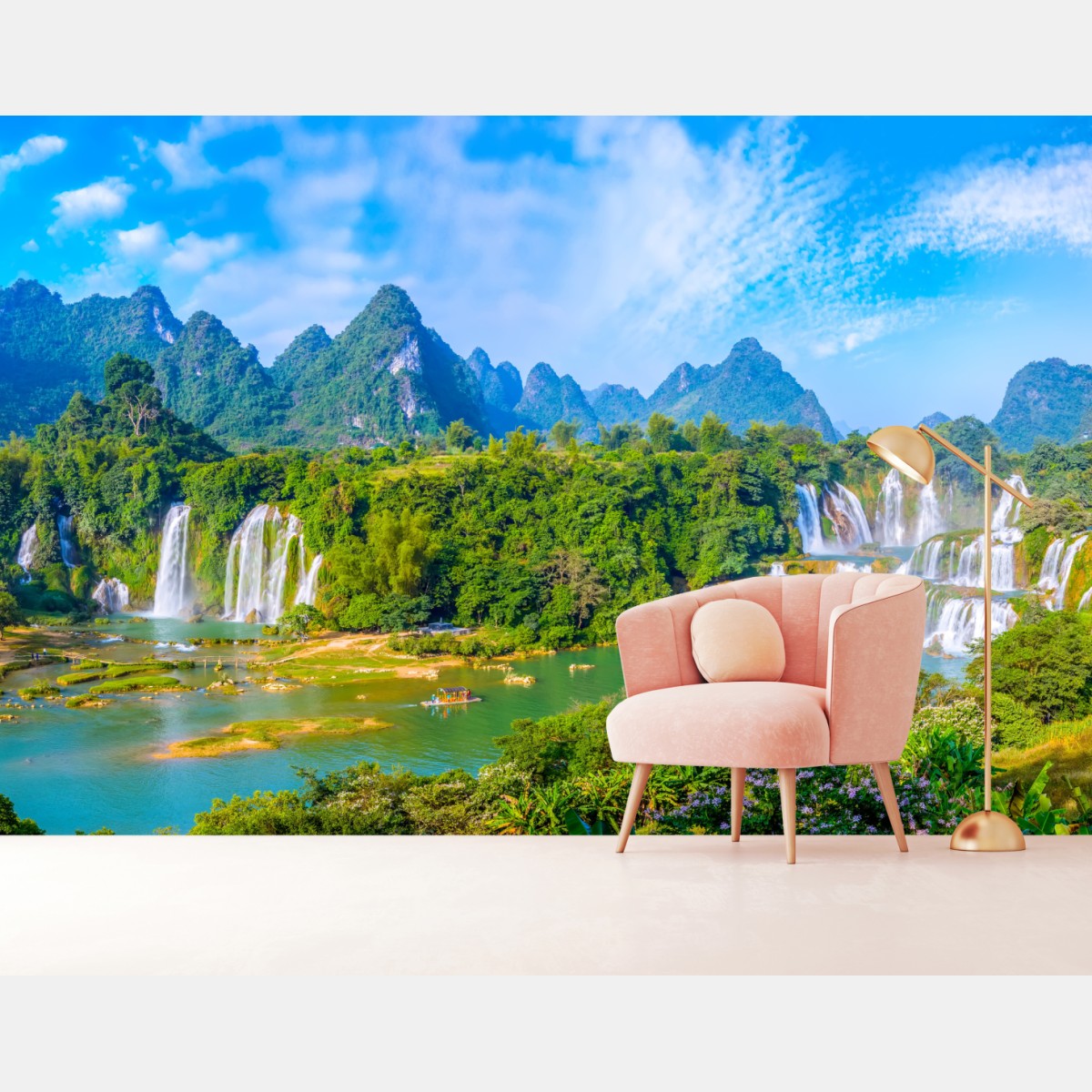 Wall mural lush waterfall panorama with karst mountains