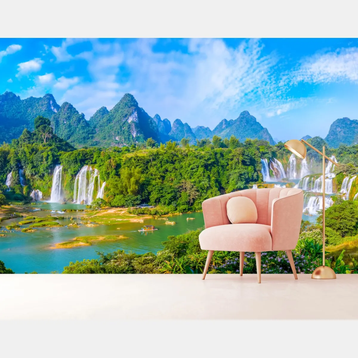 Fototapeta bujna panorama wodospadu z wapiennymi górami – Wallissimo® Fototapeta bujna panorama wodospadu z wapiennymi górami – Wallissimo®