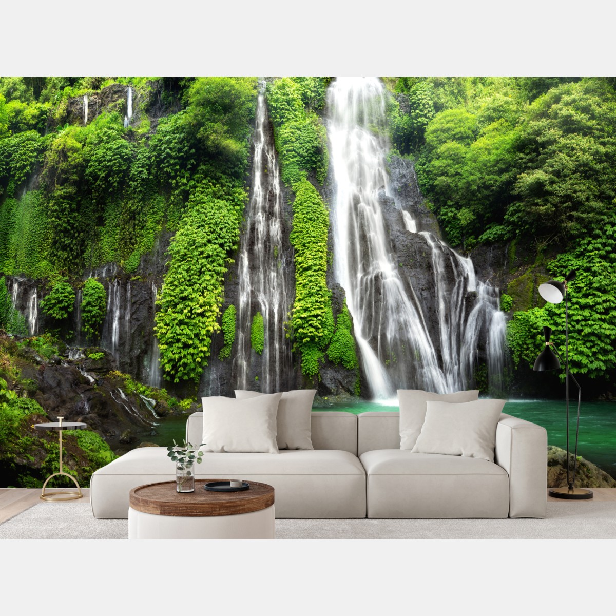 Wall mural serene waterfall in emerald forest