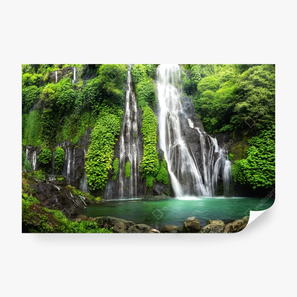 Fototapeta spokojny wodospad w szmaragdowym lesie – Wallissimo® Fototapeta spokojny wodospad w szmaragdowym lesie – Wallissimo®
