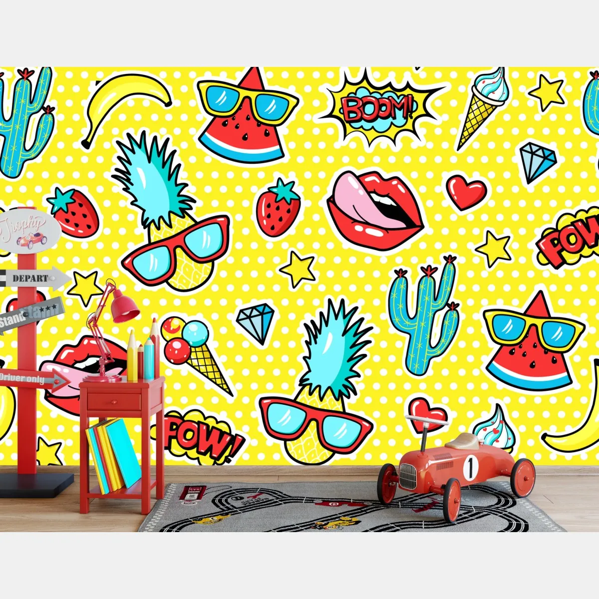 Fototapeta jaskrawy wzór naklejek w stylu pop-art – Wallissimo® Fototapeta jaskrawy wzór naklejek w stylu pop-art – Wallissimo®