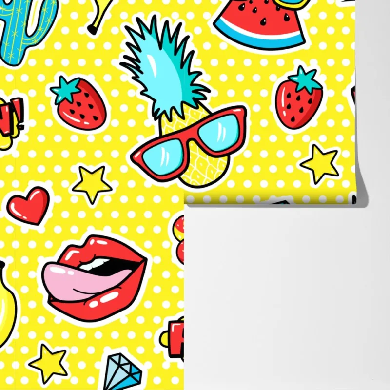 Fototapeta jaskrawy wzór naklejek w stylu pop-art – Wallissimo® Fototapeta jaskrawy wzór naklejek w stylu pop-art – Wallissimo®
