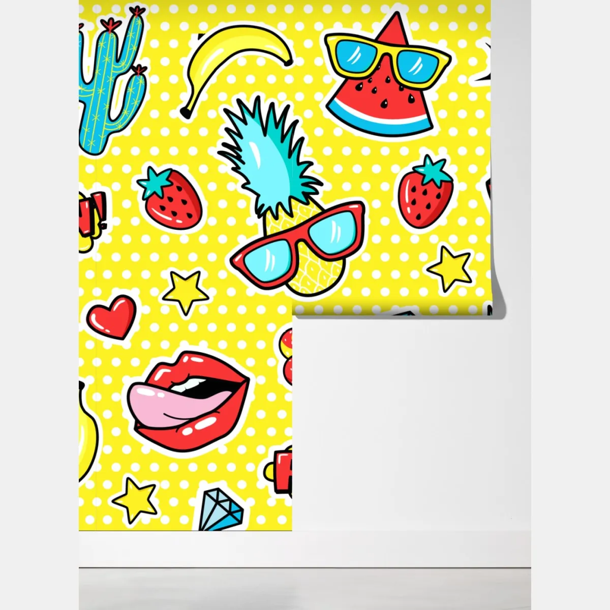 Fototapeta jaskrawy wzór naklejek w stylu pop-art – Wallissimo® Fototapeta jaskrawy wzór naklejek w stylu pop-art – Wallissimo®