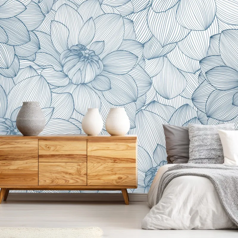 Fototapeta delikatny, liniowy wzór kwiatowy w odcieniach niebieskiego – Wallissimo® Fototapeta delikatny, liniowy wzór kwiatowy w odcieniach niebieskiego – Wallissimo®