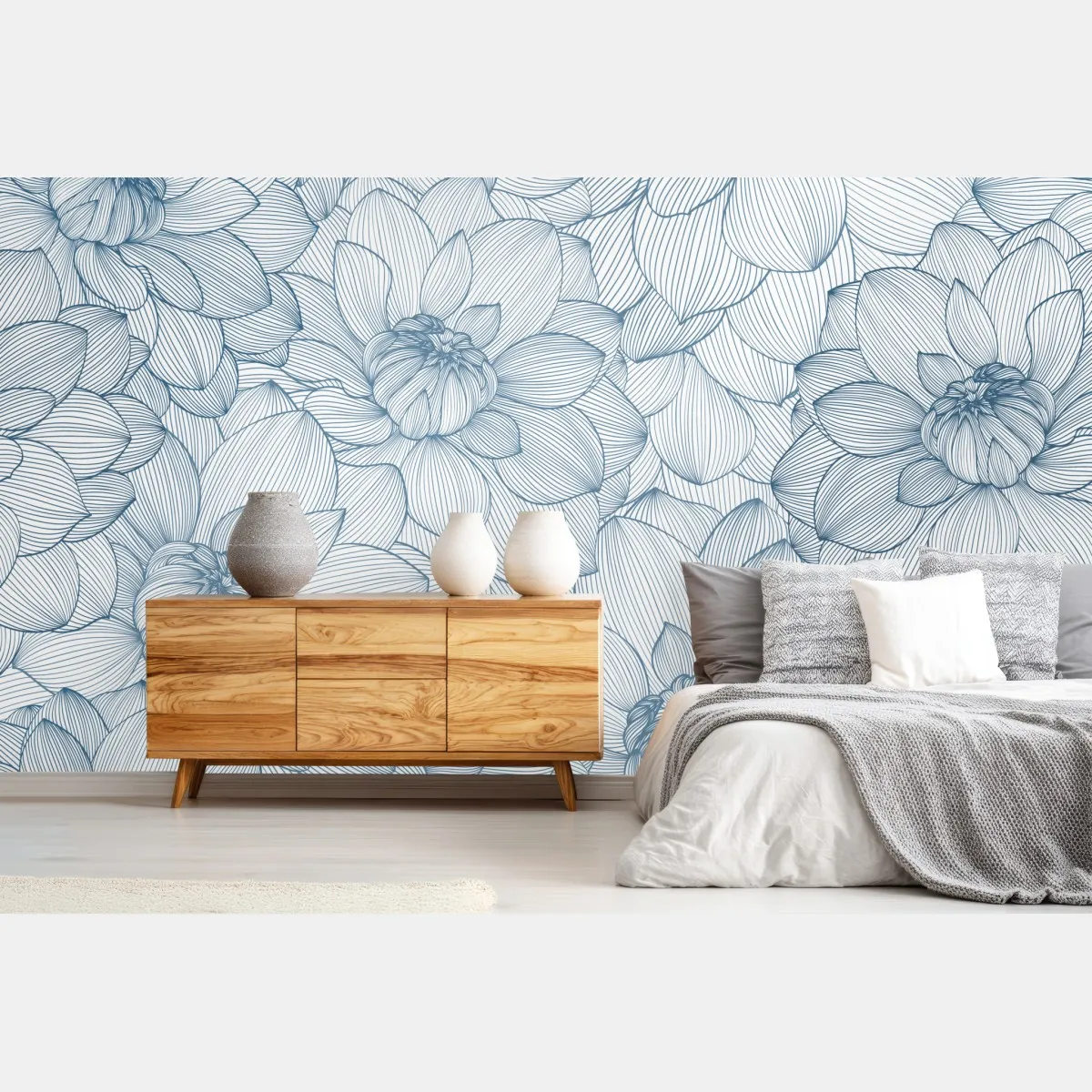 Fototapeta delikatny, liniowy wzór kwiatowy w odcieniach niebieskiego – Wallissimo® Fototapeta delikatny, liniowy wzór kwiatowy w odcieniach niebieskiego – Wallissimo®