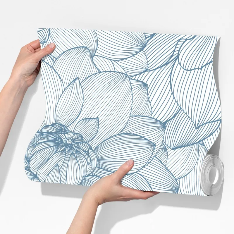 Fototapeta delikatny, liniowy wzór kwiatowy w odcieniach niebieskiego – Wallissimo® Fototapeta delikatny, liniowy wzór kwiatowy w odcieniach niebieskiego – Wallissimo®