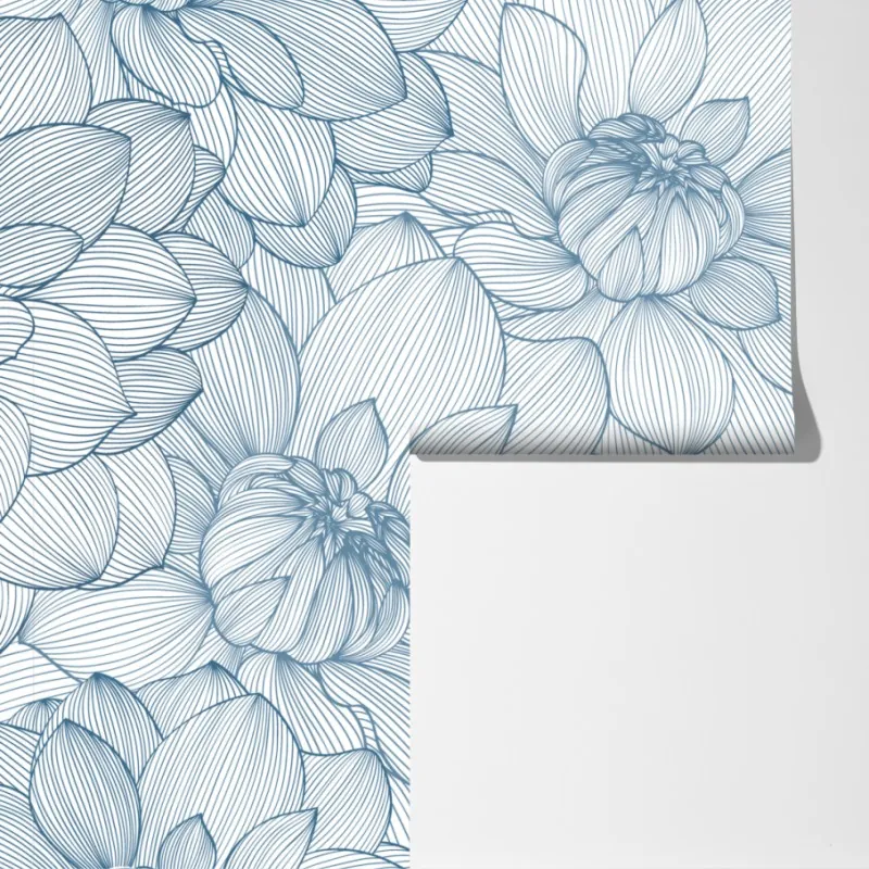 Fototapeta delikatny, liniowy wzór kwiatowy w odcieniach niebieskiego – Wallissimo® Fototapeta delikatny, liniowy wzór kwiatowy w odcieniach niebieskiego – Wallissimo®