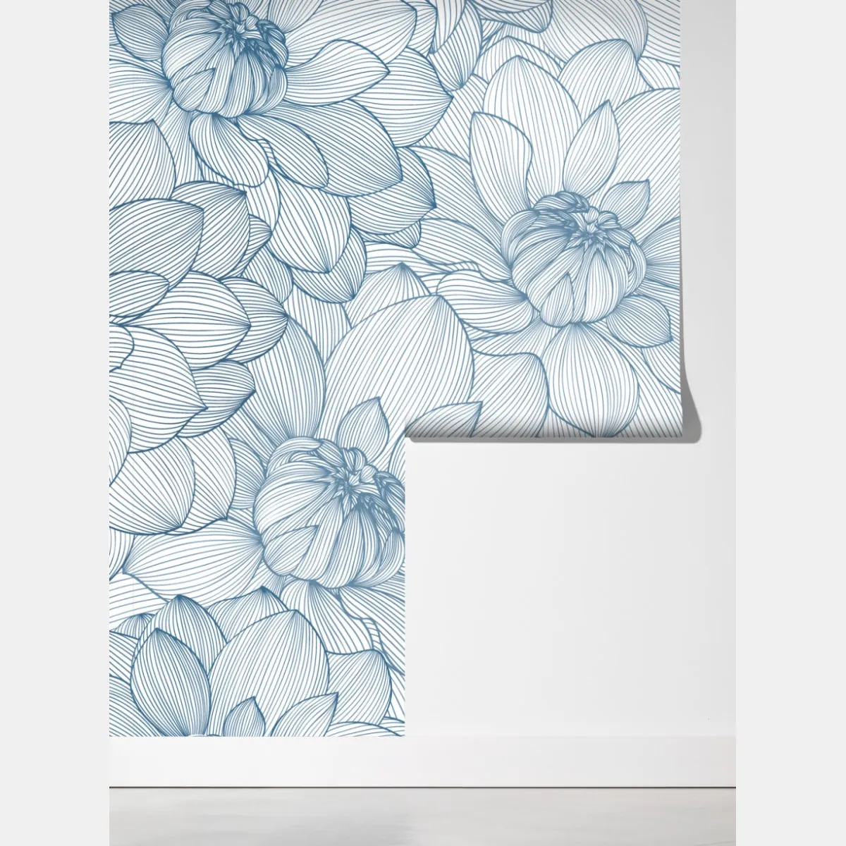 Fototapeta delikatny, liniowy wzór kwiatowy w odcieniach niebieskiego – Wallissimo® Fototapeta delikatny, liniowy wzór kwiatowy w odcieniach niebieskiego – Wallissimo®