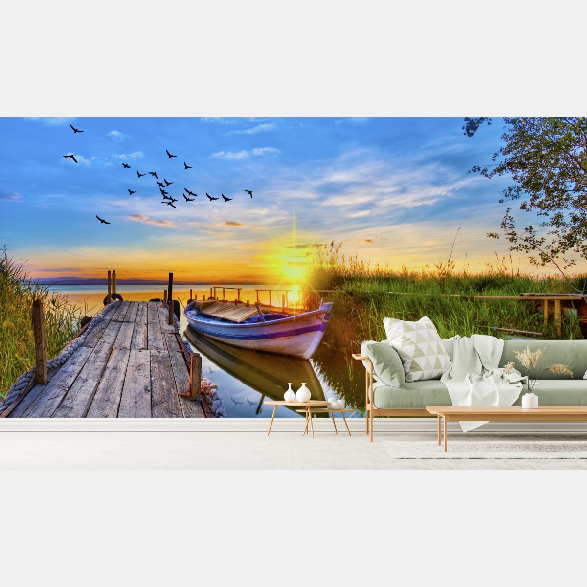 Wall mural sunset boat at tranquil lake pier