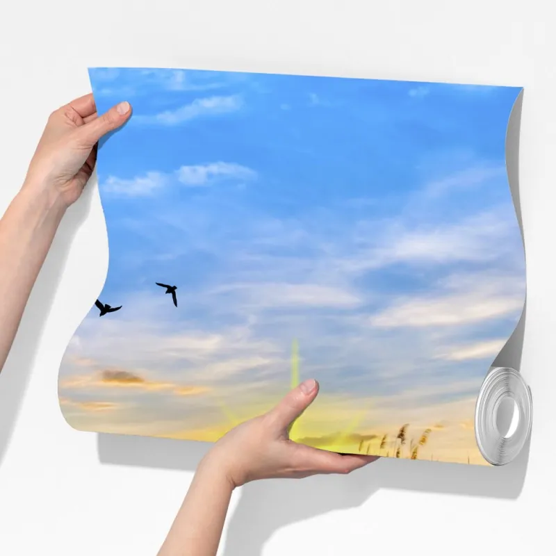 Fototapeta zachód słońca nad jeziorem z łodzią przy pomoście – Wallissimo® Fototapeta zachód słońca nad jeziorem z łodzią przy pomoście – Wallissimo®