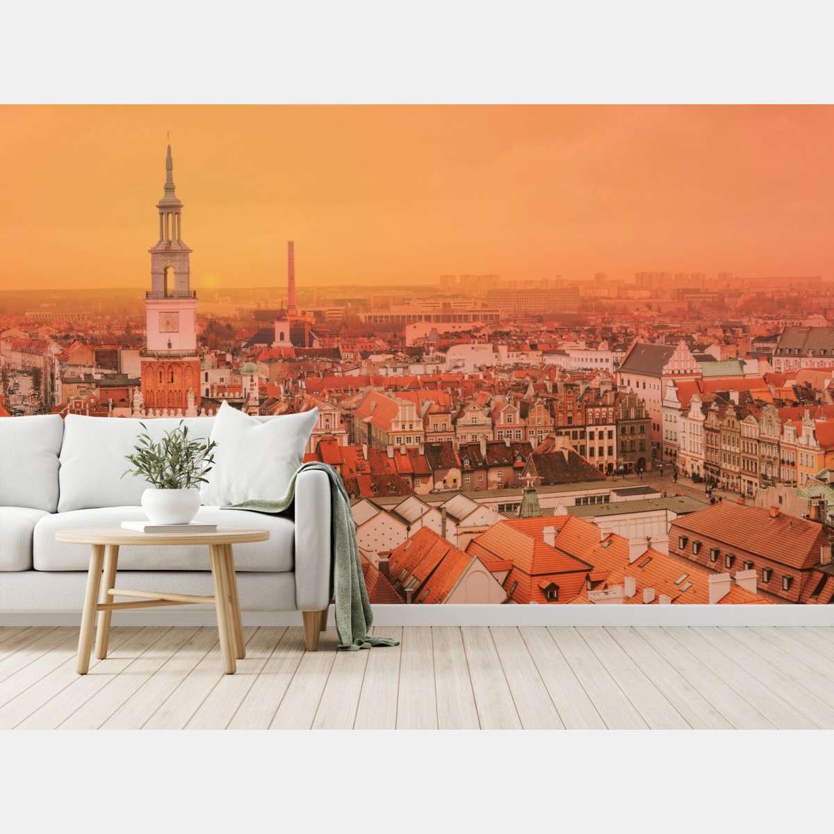 Wall mural warm sunset over historic city rooftops