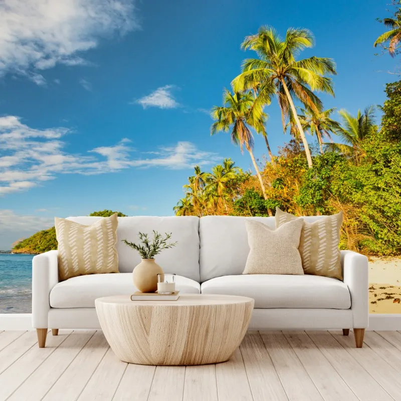 Fototapeta złota tropikalna plaża o zachodzie słońca – Wallissimo® Fototapeta złota tropikalna plaża o zachodzie słońca – Wallissimo®