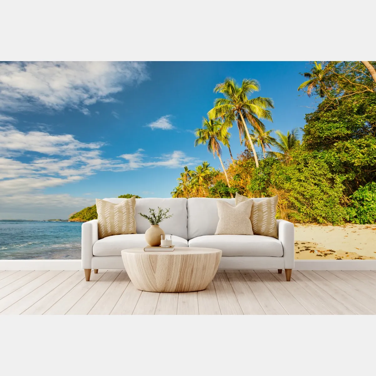Fototapeta złota tropikalna plaża o zachodzie słońca – Wallissimo® Fototapeta złota tropikalna plaża o zachodzie słońca – Wallissimo®