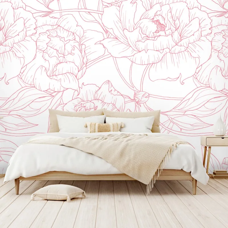 Fototapeta delikatny różowy wzór piwonii w stylu line art