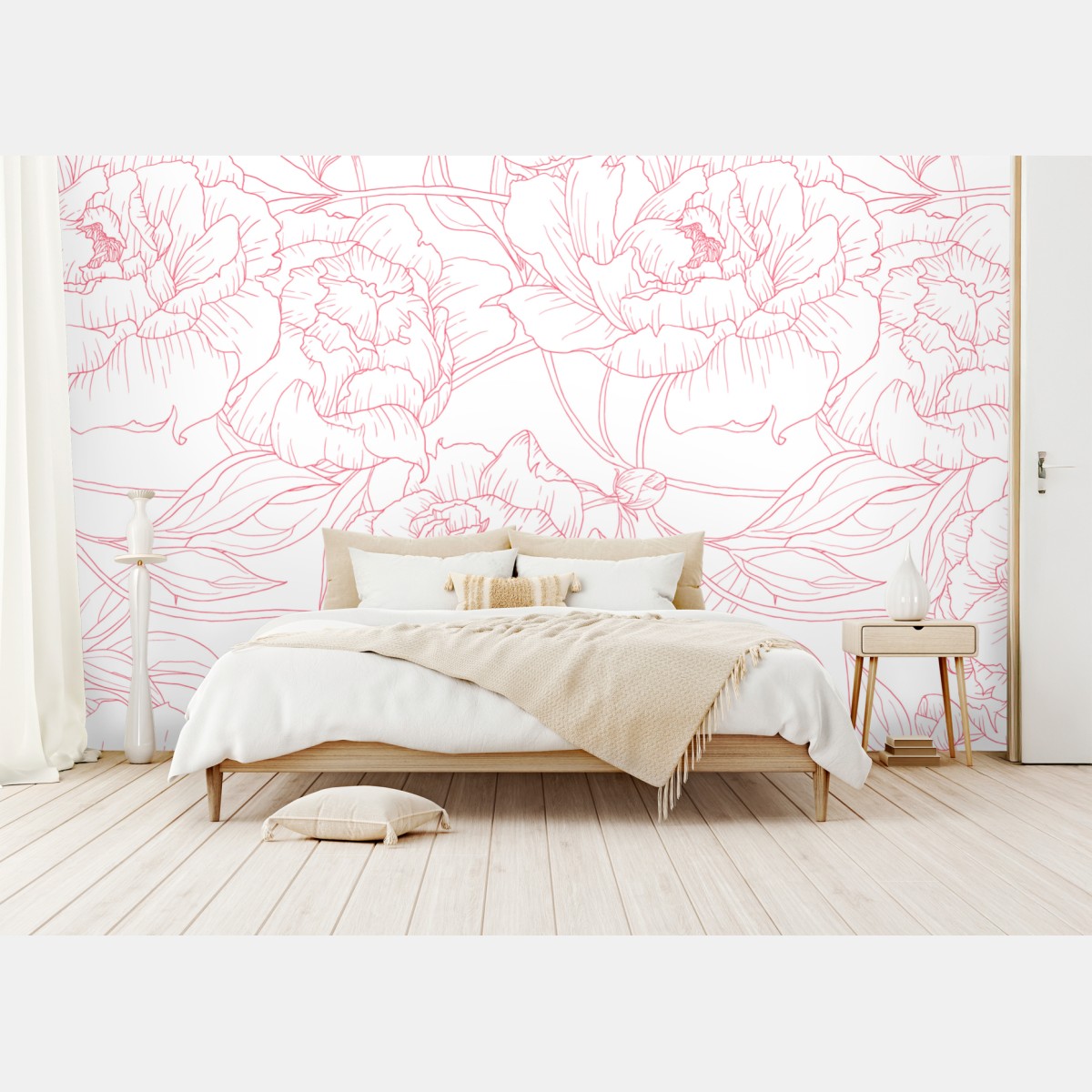 Wall mural delicate pink peony line art pattern