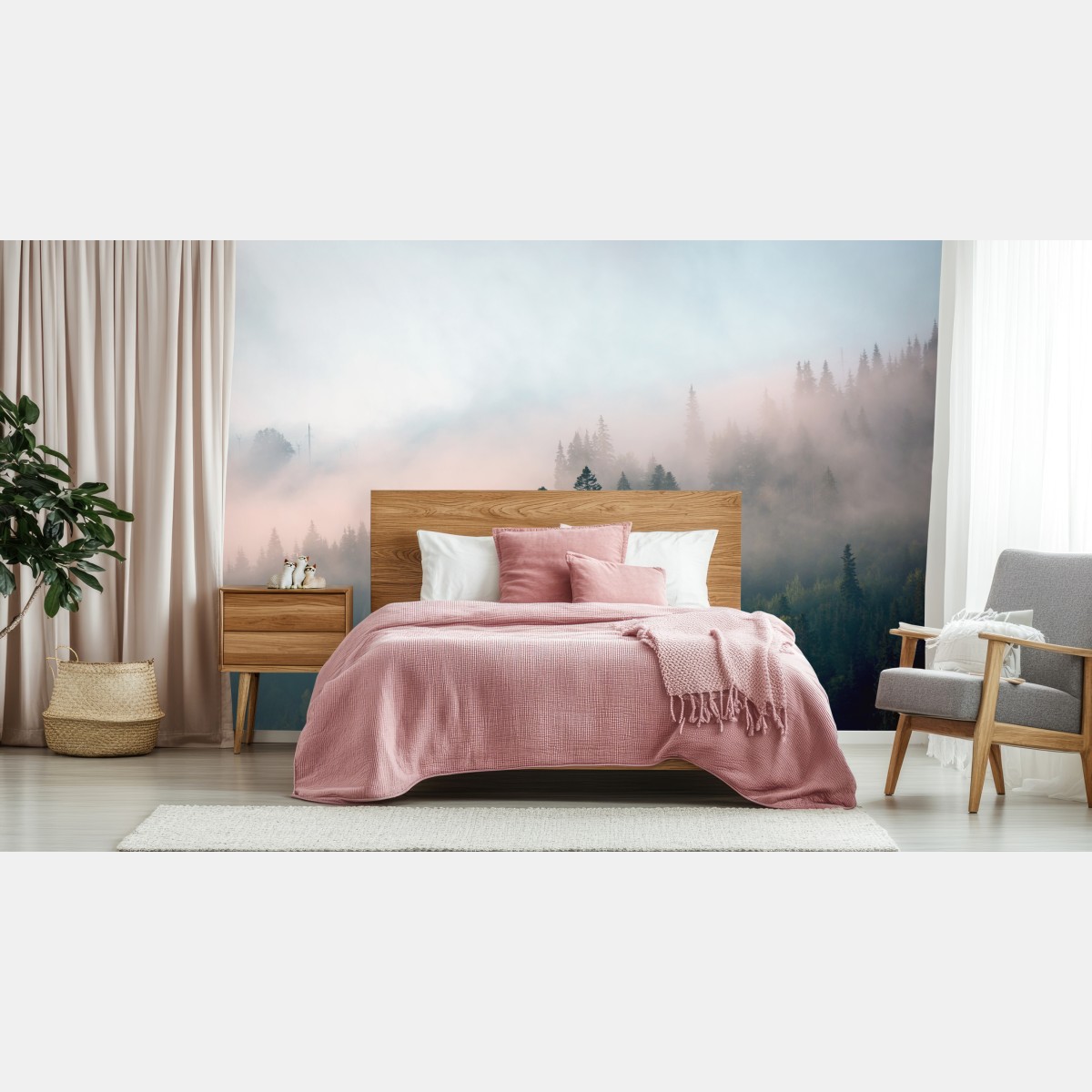 Wall mural misty morning forest landscape
