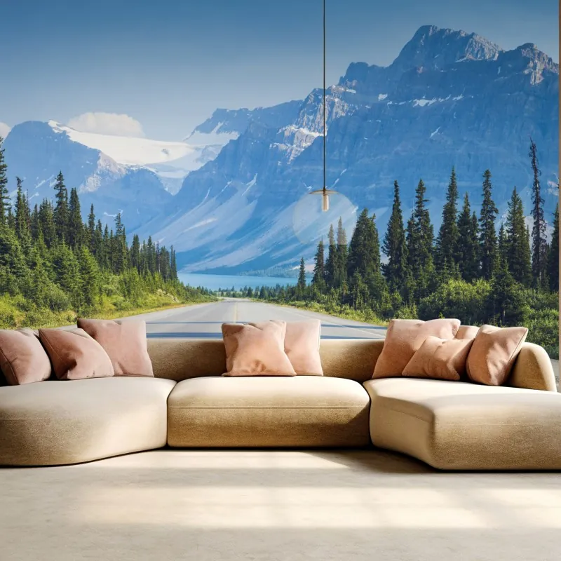 Fototapeta droga przez las iglasty do gór i lodowcowego jeziora – Wallissimo® Fototapeta droga przez las iglasty do gór i lodowcowego jeziora – Wallissimo®