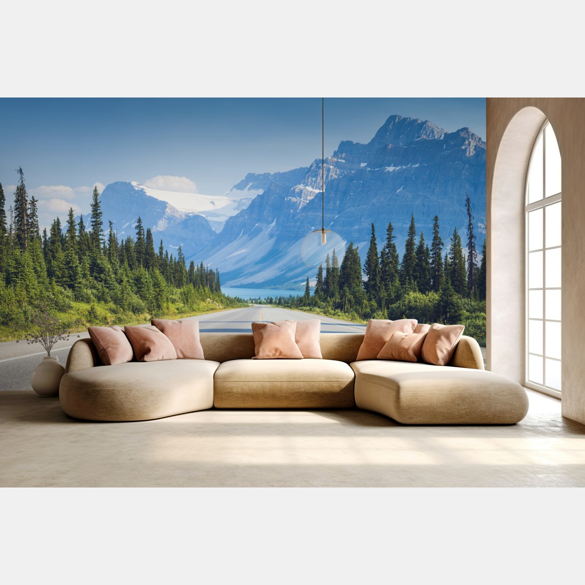 Wall mural road through pine forest to a glacier-fed mountain lake