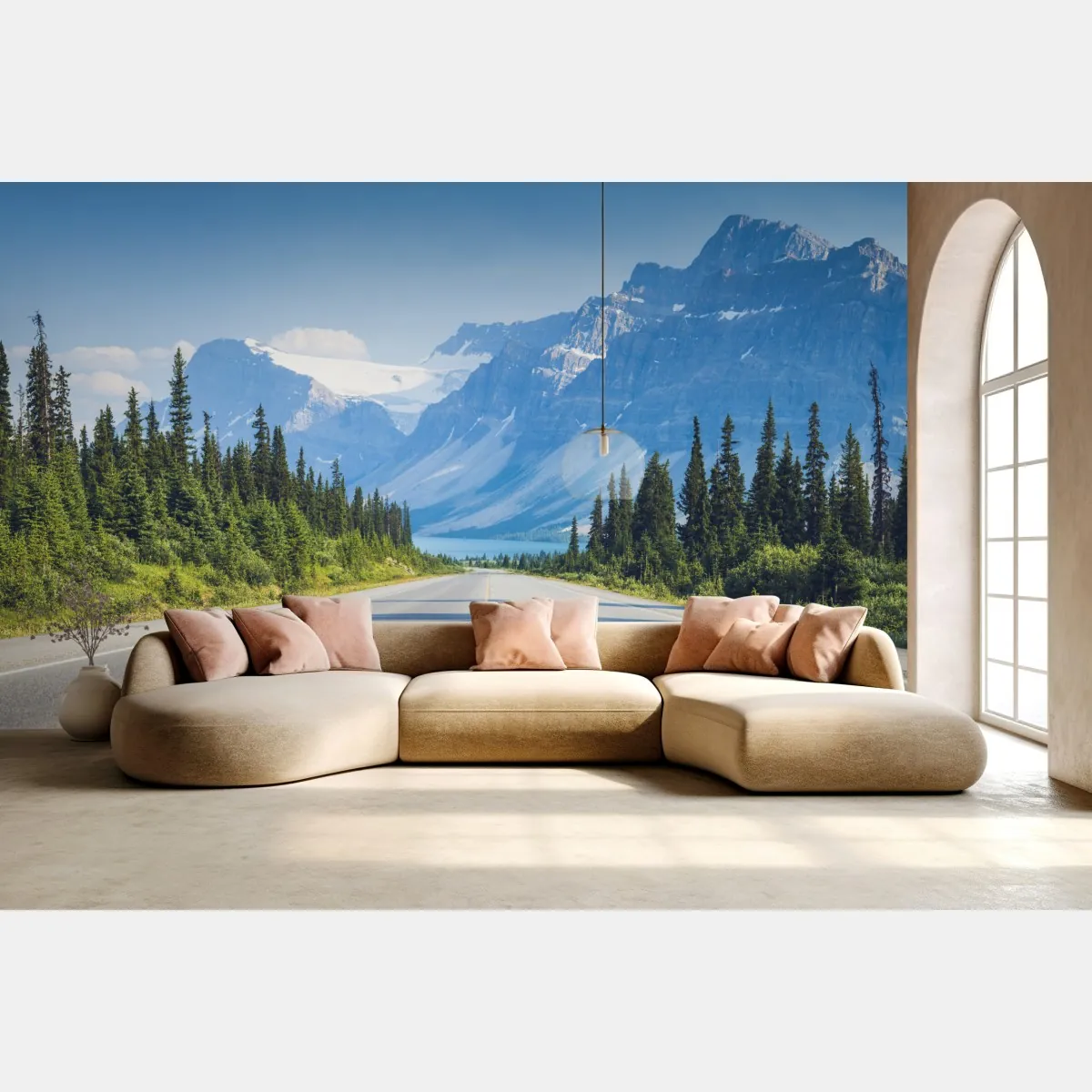 Fototapeta droga przez las iglasty do gór i lodowcowego jeziora – Wallissimo® Fototapeta droga przez las iglasty do gór i lodowcowego jeziora – Wallissimo®