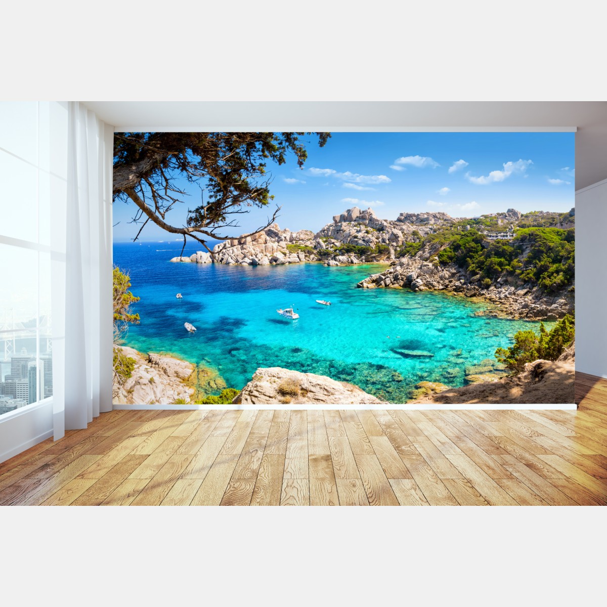 Wall mural turquoise coastal cove with boats