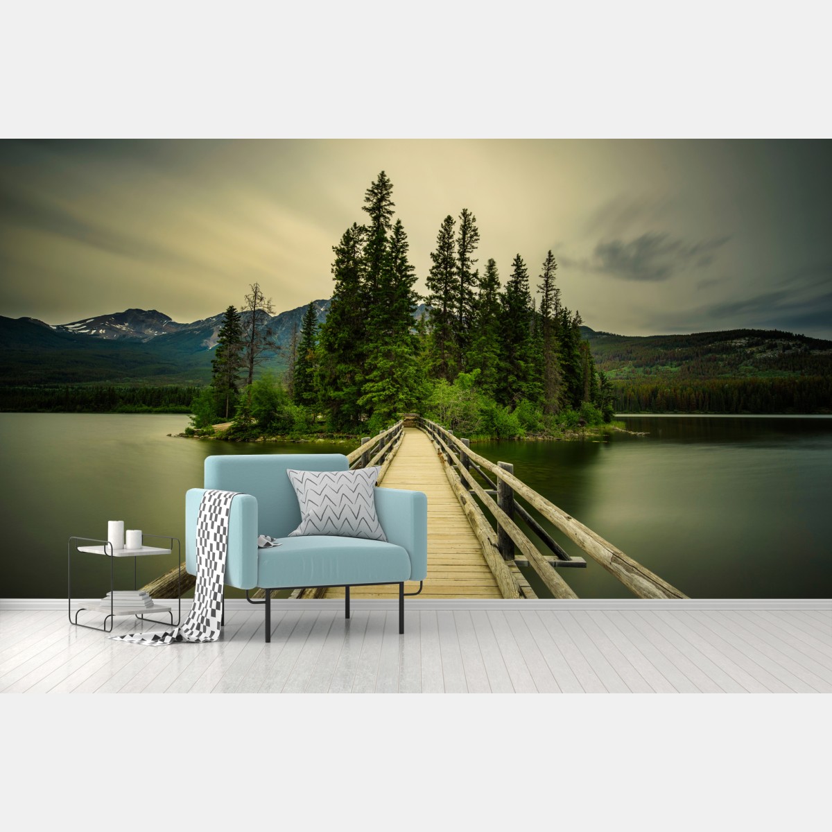 Wall mural evening walkway to Pyramid Island, Jasper National Park