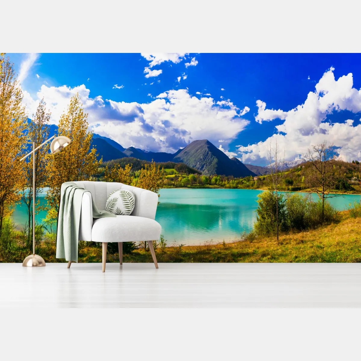 Fototapeta turkusowe jezioro i górski pejzaż – Wallissimo® Fototapeta turkusowe jezioro i górski pejzaż – Wallissimo®