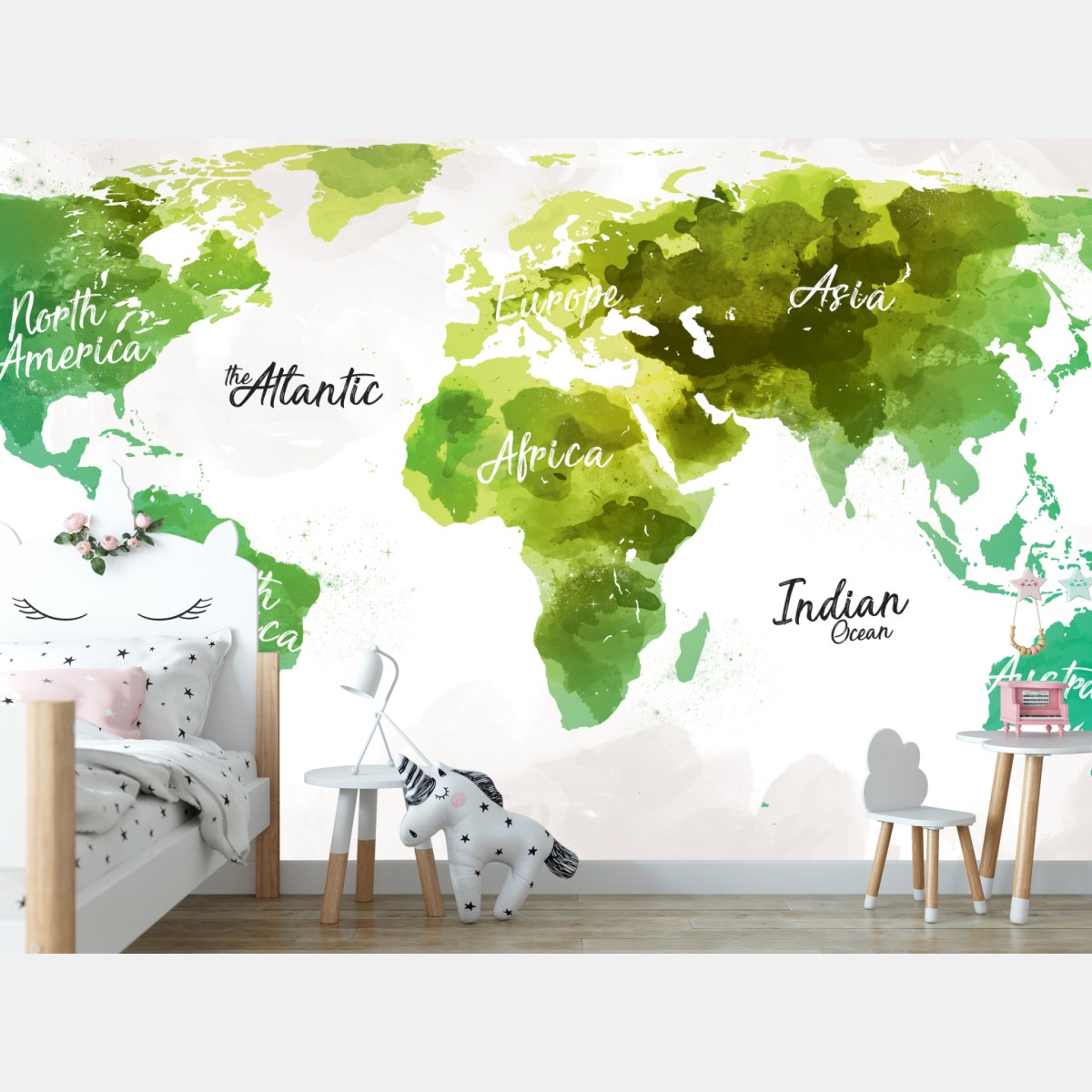 Wall mural green watercolor world map