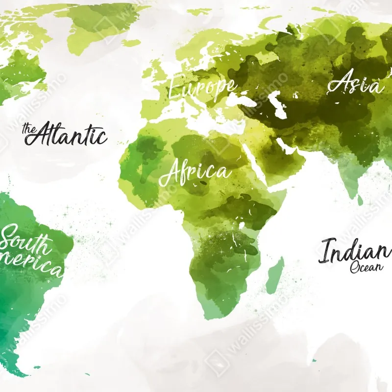 Fototapeta zielona akwarelowa mapa świata – Wallissimo® Fototapeta zielona akwarelowa mapa świata – Wallissimo®