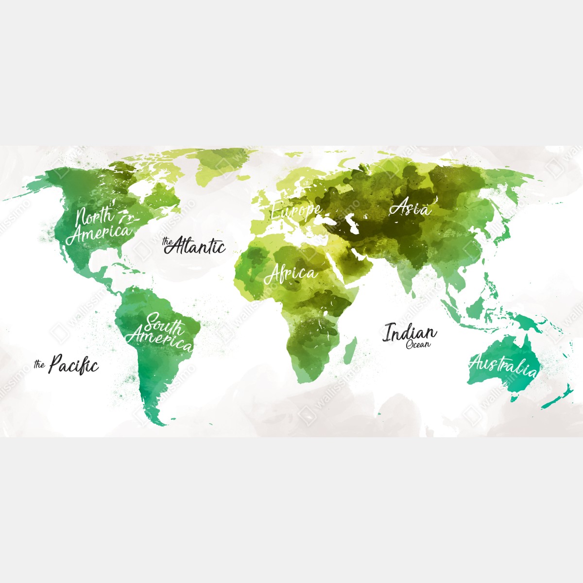 Fototapeta zielona akwarelowa mapa świata – Wallissimo® Fototapeta zielona akwarelowa mapa świata – Wallissimo®