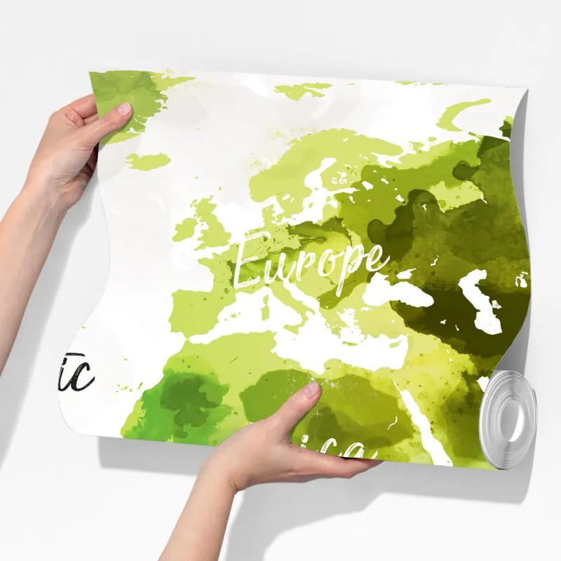 Fototapeta zielona akwarelowa mapa świata – Wallissimo® Fototapeta zielona akwarelowa mapa świata – Wallissimo®