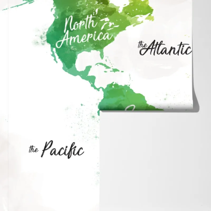 Fototapeta zielona akwarelowa mapa świata – Wallissimo® Fototapeta zielona akwarelowa mapa świata – Wallissimo®