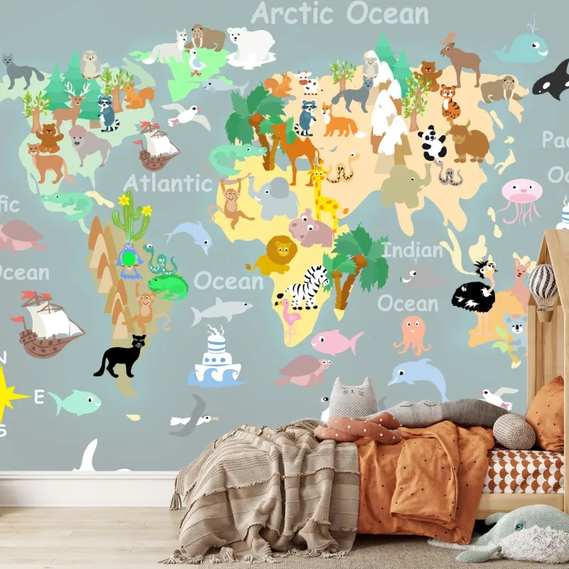 Fototapeta mapa świata ze zwierzętami